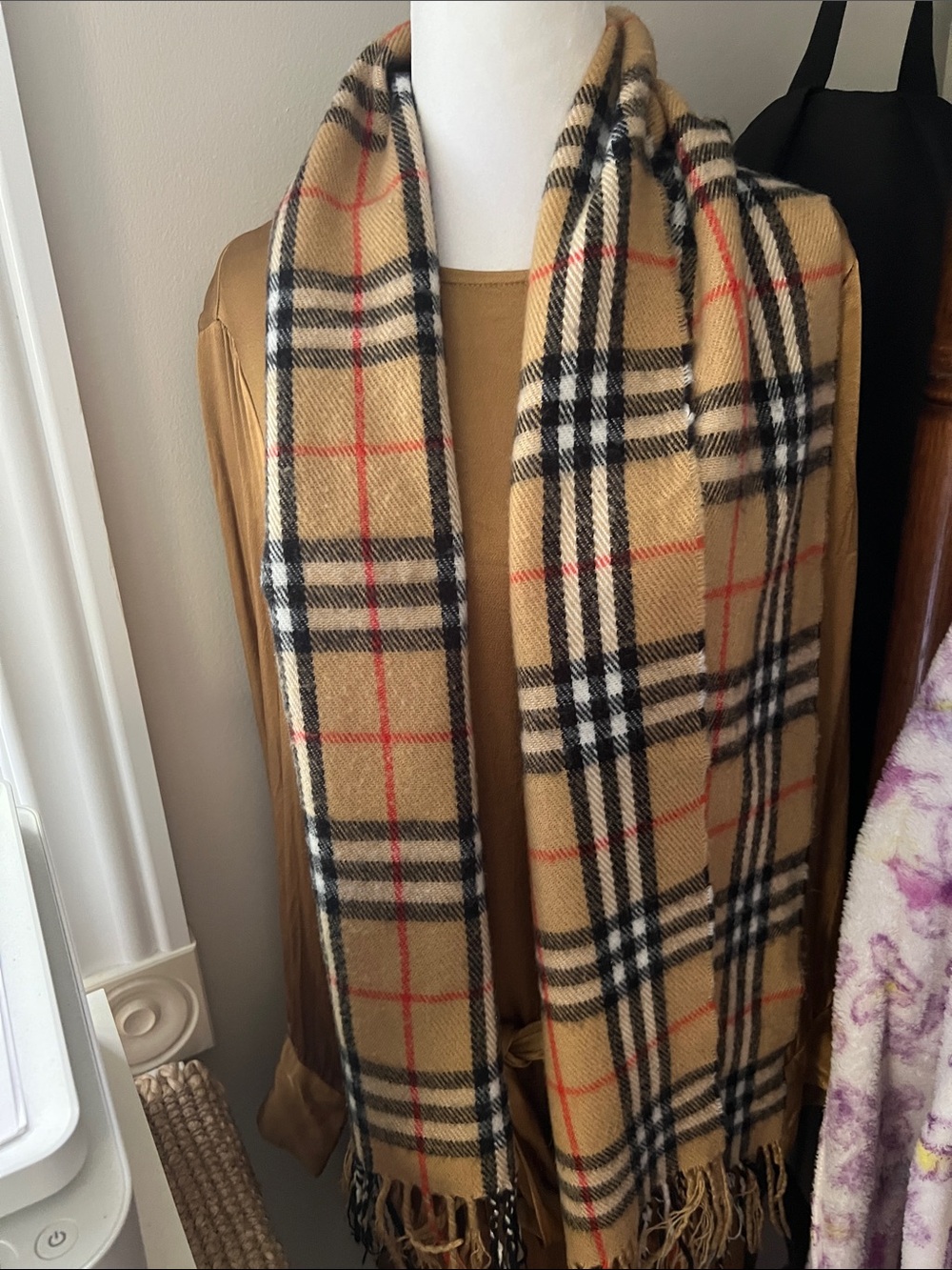 Classic Plaid Fringe Scarf • Tan, Black, Red, White